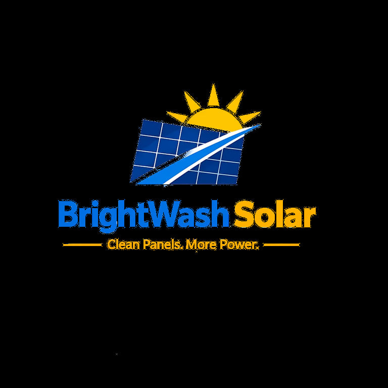 BrightWash Solar logo featuring a sun above blue solar panels with white swoosh and tagline Clean Panels More Power